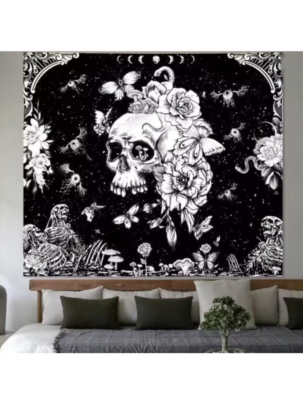 51×60 Inch Black White Gothic Skull Moth Moon Floral Wall Tapestry